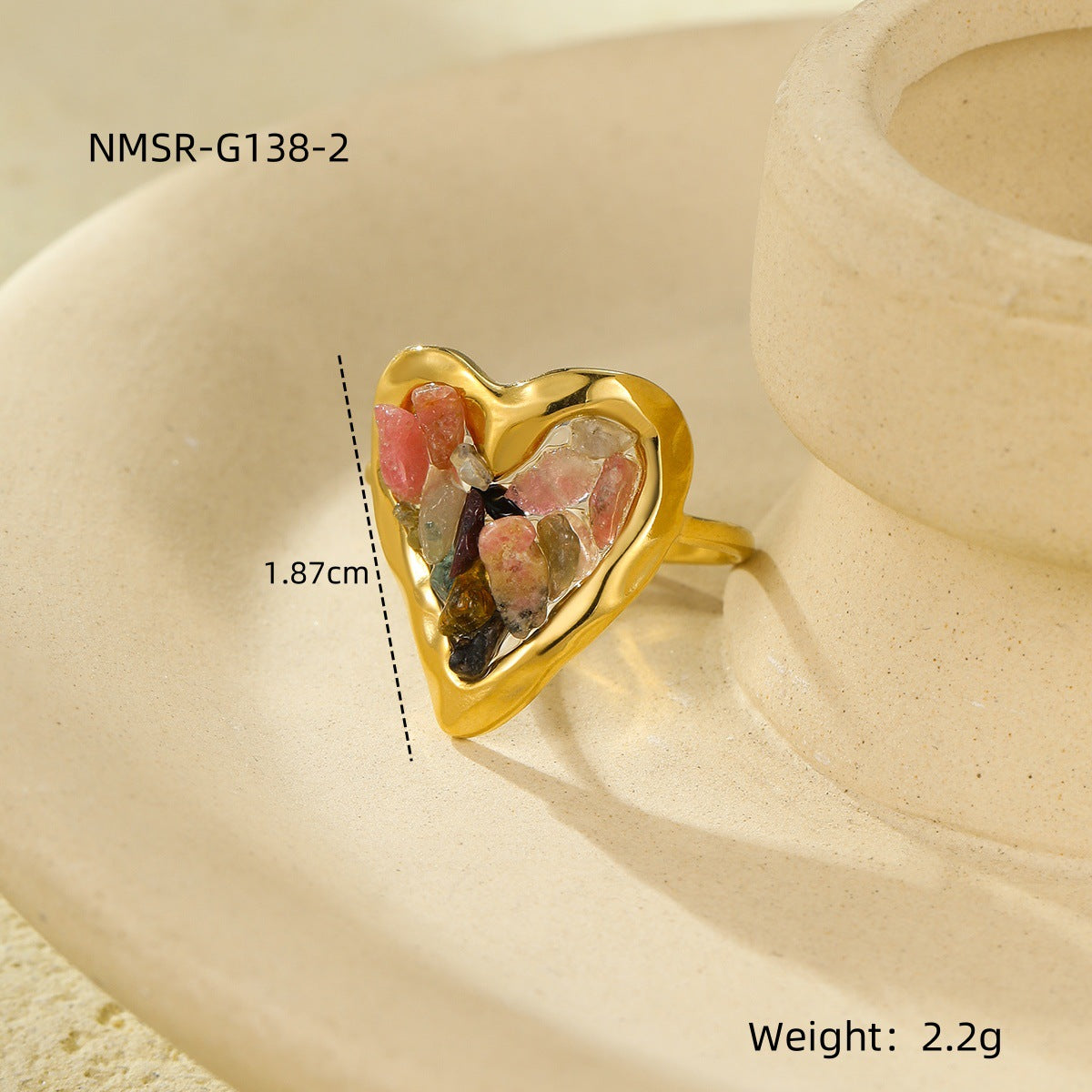 Wholesale Stainless steel plated heart ring with natural stone